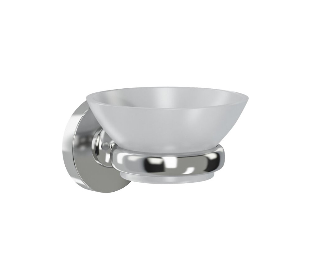 Jabonera fabricada en vidrio transparente.  • Soporte a pared de zinc inyectado • Las partes metálicas tienen un acabado cromado que les proporciona una resistencia adecuada frente a la corrosión.
