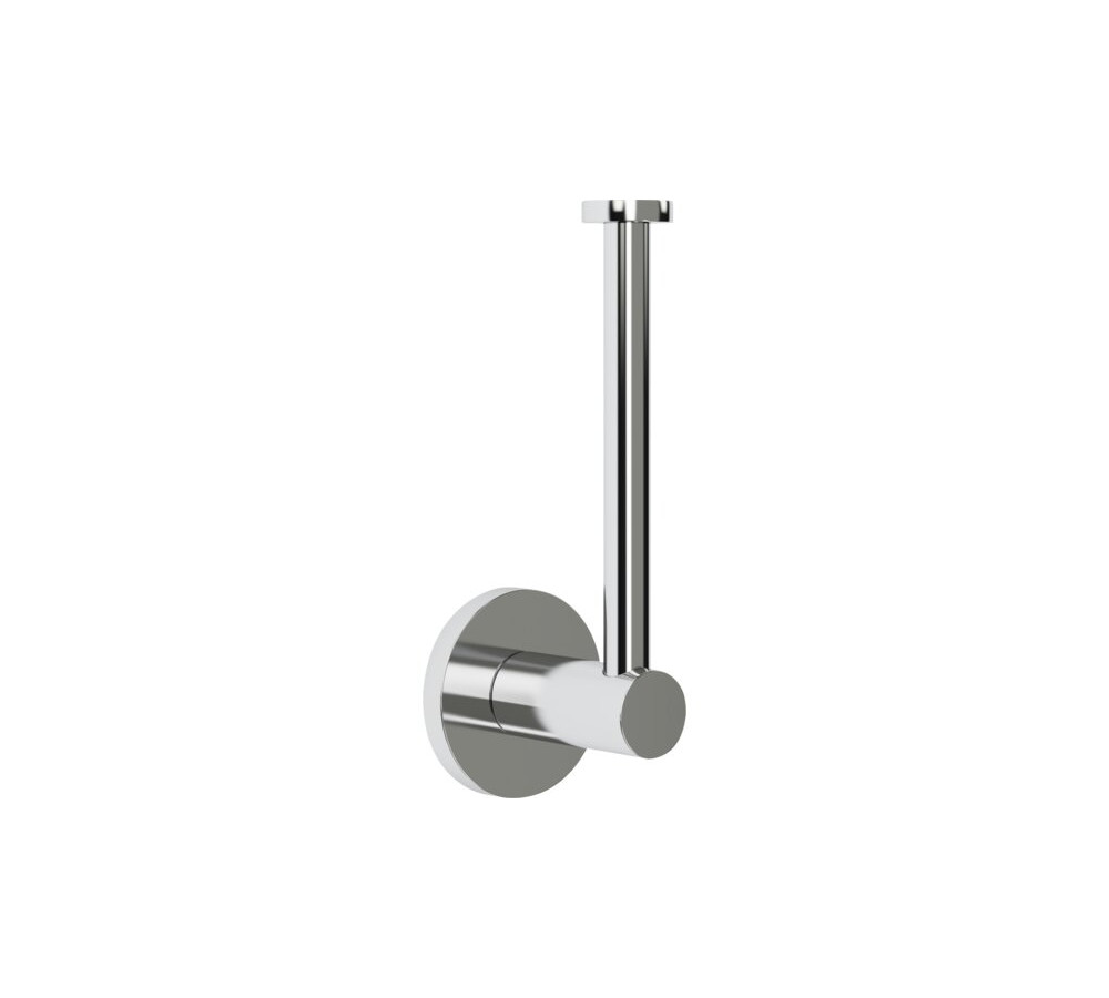 Soporte a pared de chapa de acero al carbono. Soporte para rollos compuesto por dos cilindros fabricados en inyección de zinc de 21mm y 12mm de diámetro. Florón de inyección de zinc de 56mm de diámetro. Acabado piezas metálicas, cromado brillante, compuesto por 3.5‐6 μm de níquel + 2‐3 μm de cromo.