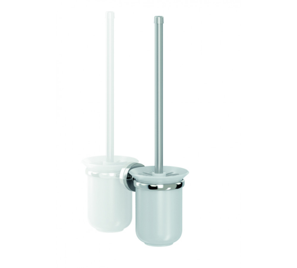 Vaso portaescobillas fabricado en vidrio prensado acabado mate.   Soporte a pared de zinc inyectado  Las partes metálicas tienen un acabado cromado que les proporciona una resistencia adecuada frente a la corrosión.