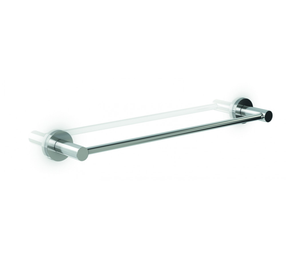 Soporte a pared de chapa de acero al carbono. Barra fabricada en inyección de zinc de 12mm de diámetro y 0,4mm de espesor. Florón de inyección de zinc de 56,5mm de diámetro. Acabado piezas metálicas, cromado brillante, compuesto por 3.5‐6 μm de níquel + 2‐3 μm de cromo.