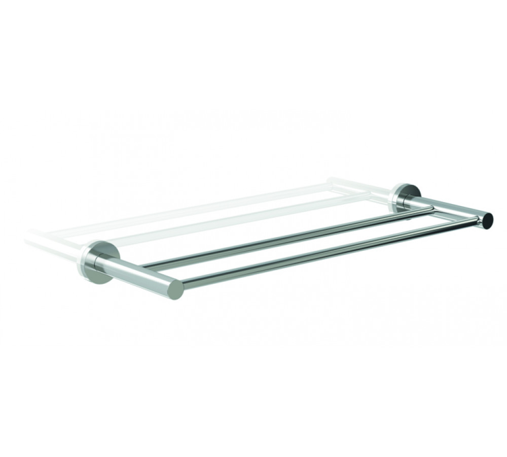 Soporte a pared de chapa de acero al carbono. Barras fabricadas en inyección de zinc de 12mm de diámetro y 0,4mm de espesor. Florón de inyección de zinc de 56,5mm de diámetro. Acabado piezas metálicas, cromado brillante, compuesto por 3.5‐6 μm de níquel + 2‐3 μm de cromo.