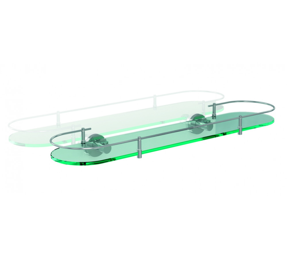 Repisa en cristal transparente 6mm Soporte a pared de chapa de acero al carbono. Bastidor perimetral fabricado en inyección de zinc  Florón de inyección de zinc de 56mm de diámetro. Acabado piezas metálicas, cromado brillante, compuesto por 3.5‐6 μm de níquel + 2‐3 μm de cromo.