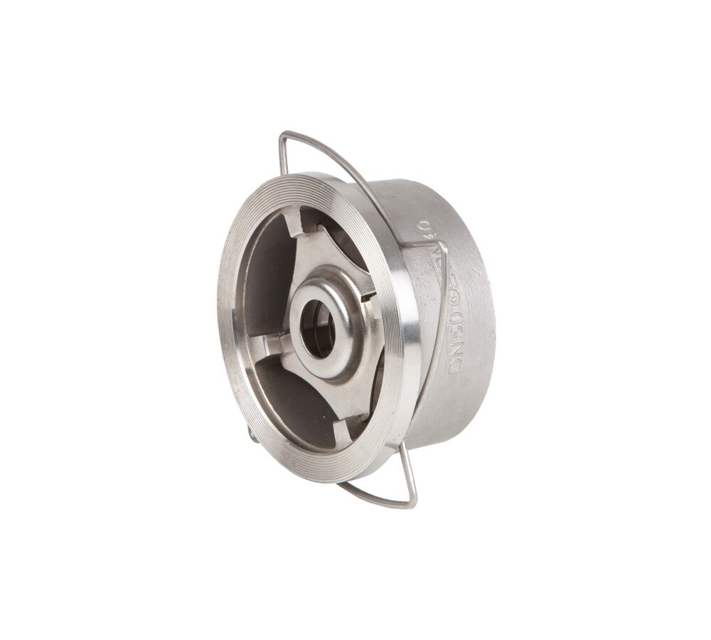 Válvula de retención a disco tipo wafer. 2. Construcción en acero inox. 1.4408 (CF8M). 3. Disco en acero inox. 1.4408 (CF8M). 4. Resorte en acero inoxidable AISI 316. 5. Dimensiones reducidas. 6. Montaje entre bridas EN 1092 PN10/16/25/40 y      ANSI 150/300. 7. Instalación Horizontal, Vertical o Inclinada. 8. Anillo de centraje. 9. Longitud entre caras según EN 558-1 S.49. 10. Presión de trabajo máxima 40/25 bar (ver tabla) 11. Baja pérdida de carga. 12. Temperatura de trabajo -20ºC +240