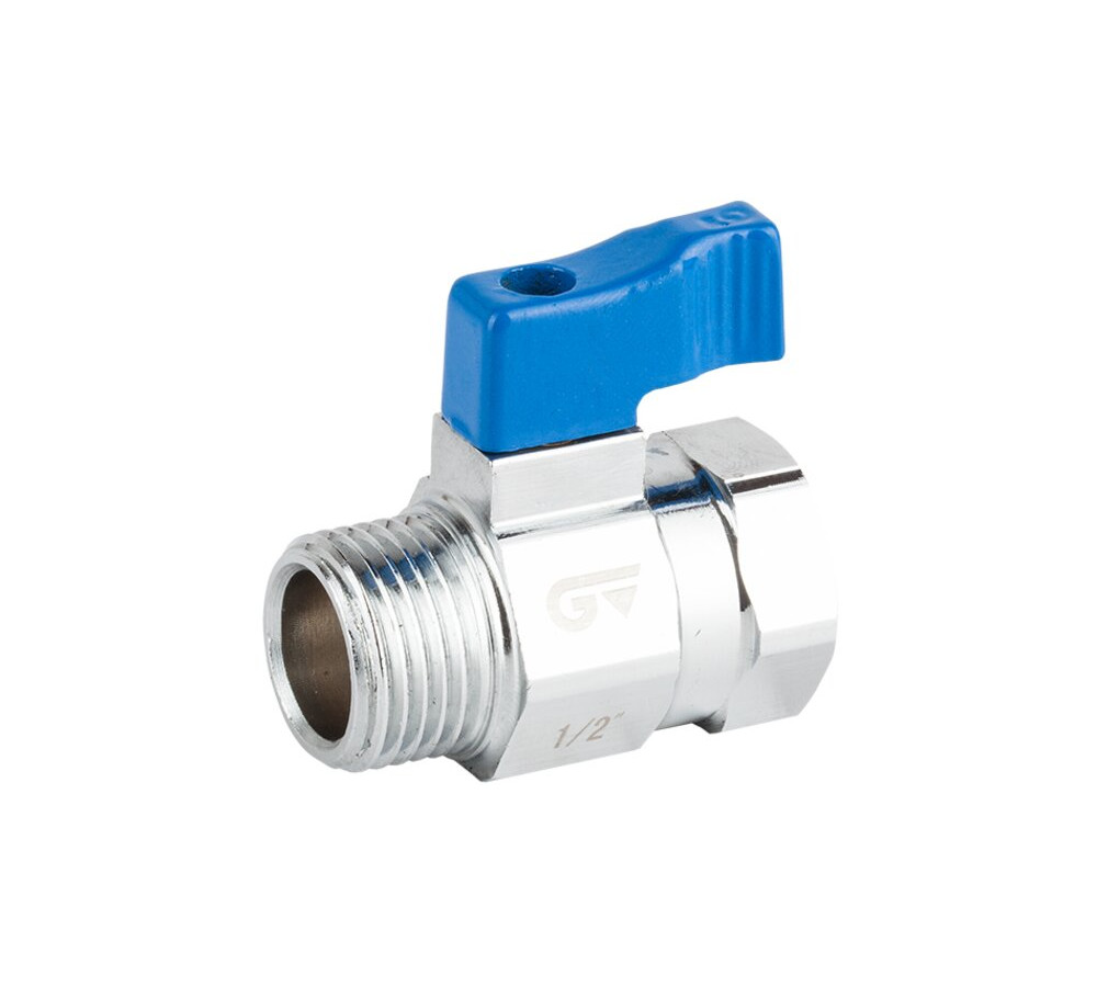 Válvula esfera tipo mini, paso reducido. 2. Presión máxima de trabajo 16 bar (PN 16). 3. Construcción cuerpo en latón según UNE-EN 12165 cromado. 4. Extremos roscados gas (BSP) macho-hembra según ISO 228/1. 5. Temperatura de trabajo desde -20ºC a 110ºC.  6. Accionamiento maneta aluminio. 7. Asientos PTFE.
