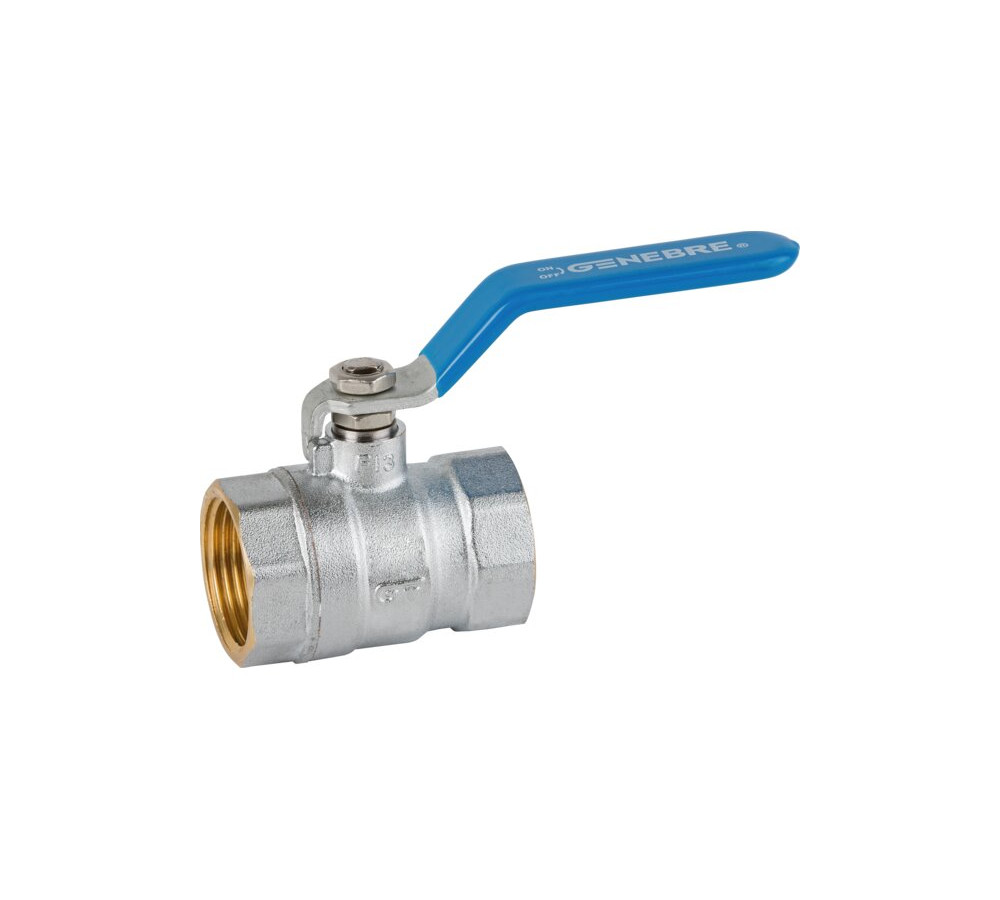 PN 25. Paso estándar. Construcción en latón UNE-EN 12165 cromado. Asientos PTFE. Extremos rosca gas (BSP) H-H - ISO 228/1. Temp. máx. 110ºC. Mando manual por palanca de acero.