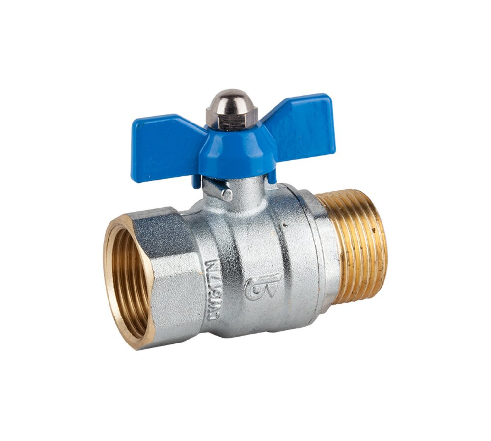 Válvula esfera con paso total. 2. Construcción en latón s/ UNE-EN 12165 cromado. 3. Extremos rosca gas (BSP) macho-hembra s/ ISO 228/1. 4. Accionamiento mediante palomilla de aluminio. (Color azul - indicador agua fría). 5. Temperatura de trabajo desde -20ºC a 110ºC. 6. Presión máxima de trabajo 25 bar (PN 25). 7. Asientos PTFE.