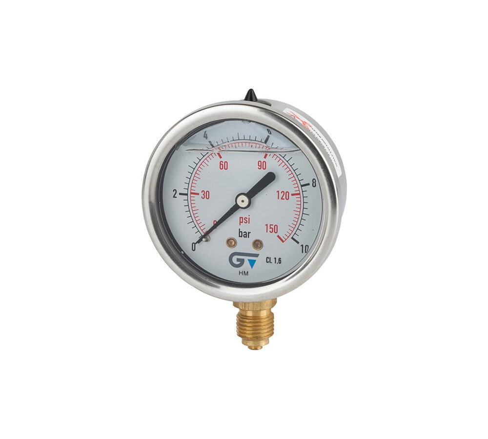 Tamaño Ø63. 2. Manómetro con conexión radial inferior, rosca macho (BSP) G 1/4” según ISO 228/1. 3. Caja en acero inoxidable AISI 304. 4. Contiene glicerina. 5. Tubo “Bourdon” y racor en latón según UNE-EN 12165. 6. Dial blanco: escala en negro (bar) y roja (psi). 7. Visor en Policarbonato. 8. Tapón de goma para agujero de llenado. 9. Clase de precisión: cl. 1,6. 10. Graduaciones disponibles de 0 a 2,5 - 4 - 6 - 10 - 16 - 25 - 60 - 100 bar. 11. Temperatura de trabajo: de -20ºC a 60ºC.