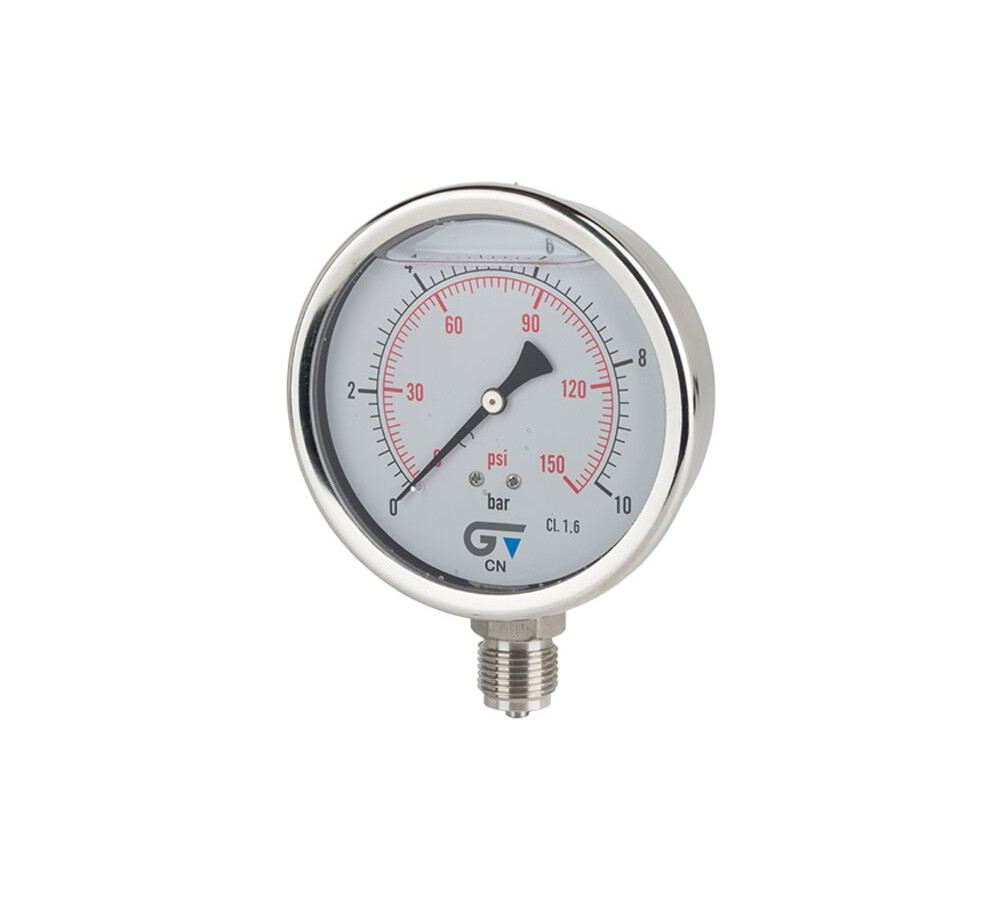 1. Tamaño Ø100. 2. Manómetro con conexión radial inferior, rosca macho (BSP) G 1/2” según ISO 228/1. 3. Caja en acero inoxidable AISI 304. 4. Contiene glicerina. 5. Tubo “Bourdon” y racor en acero inoxidable AISI 304. 6. Dial blanco: escala en negro (bar) y roja (psi). 7. Visor en Policarbonato. 8. Tapón de goma para agujero de llenado. 9. Clase de precisión: cl. 1,6. 10. Graduaciones disponibles de 0 a 2,5 - 4 - 6 - 10 - 16 - 25 - 40 - 60 - 100 bar. 11. Temperatura de trabajo: de -20ºC a 60ºC.