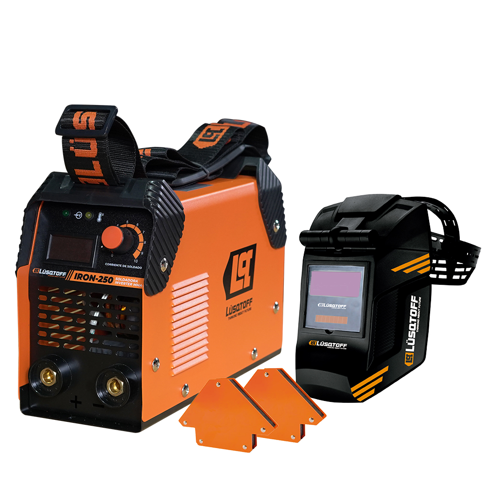 • Tensión de entrada: 1 Ph AC 220 V ( ± 15%)
• Frecuencia: 50 Hz
• Capacidad de entrada nominal: 6,5 Kw
• Corriente de entrada nominal: 30 A
• Ciclo de trabajo ( 40 ºC): 114 A / 24,2 V
@ 100% // 180 A / 27.2V @ 40%
• Tensión en vacío: 66 V
• Rango de trabajo de salida: 20 / 180 A
• Eficiencia: 85%
• Clase de protección: IP21S
• Grado de aislamiento: H
• Norma técnica: (IEC) EN 60974-1
• Tipo de enfriamiento: forzado
• Tamaño: 290 X 120 X 180 mm.
• Especial para electrodos de 3,25 mm. en continuo y trabaja hasta electrodos de 5 mm.
• Sistema: anti-stick
• Tipo de clavija: DKJ 10-25
• Peso: 5 kg.

INCLUYE
• 1 máscara de soldar ST-1X
• 1 soldadora inverter IRON-250
• 2 escuadras magnéticas LQE-6001