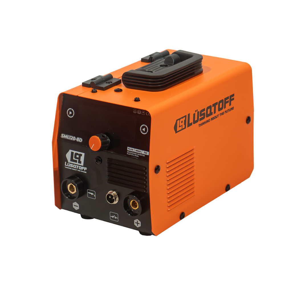 • Voltaje: 200 V – 50 Hz
• Capacidad de entrada nominal:
FLUX: 3,96 KVA
MMA: 3,6 KVA
LIST TIG: 2,4 kVA
• Corriente de entrada nominal:
FLUX: 18 A
MMA: 16,3 A
LIST TIG: 10,4 A
• Rango de trabajo en amper:
FLUX: 20 a 120 A
MMA: 20 a 100 A
LIST TIG: 20 a 100 A
• Ciclo de trabajo: 25% 25°
• Voltaje de salida sin carga: 62V
• Peso: 6,6 kg

INCLUYE
• Pinza maza y pinza porta electrodos
• Torcha Flux
• Picos de contacto

• Manija de traslado
• Display con selector
• Potenciómetro unificado
• FLUX MMA LIST TIG