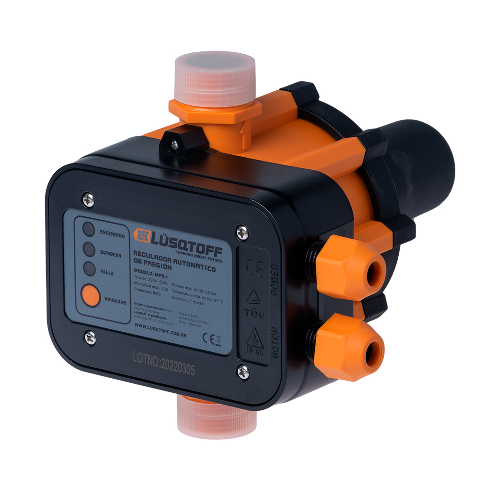 • Intensidad máxima: 10 A
• Presión máxima de trabajo: 10 bar
• Temperatura máx. de trabajo: 60 ºC
• Conexión: 1” macho
• Grado de protección: IP65
• Fuente de alimentación: electricidad
• Tensión: 220 v ~ 50 Hz
• Peso: 1,25 Kg


• Regula la presión del agua.
• Permite uniformidad de riego.
• Uso profesional.