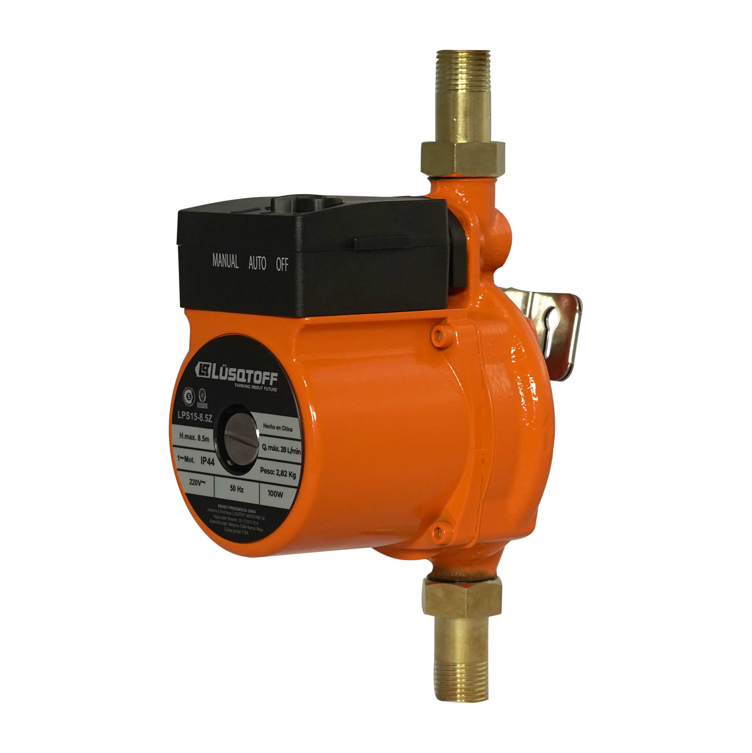 • INCLUYE SOPORTE
• Capacidad del Motor: 100 W
• Potencia: 0.13 HP
• Caudal de trabajo: 30 l/min
• Presión: 0.3 Mpa (0.85 bar)
• Distancia máxima: 8,5 mts.
• Entrada - Salida: 3/4” - 3/4“
• Temperatura máx. del agua: 45ºC
• Grado de protección: IP44
• Fuente de alimentación: electricidad
• Largo de cable: 1,25 mts.
• Tensión: 220 V ~ 50 Hz
• Peso: 2,6 kg.


• Fácil de trasladar.
• Fácil de instalar.
• Uso Semi Profesional.