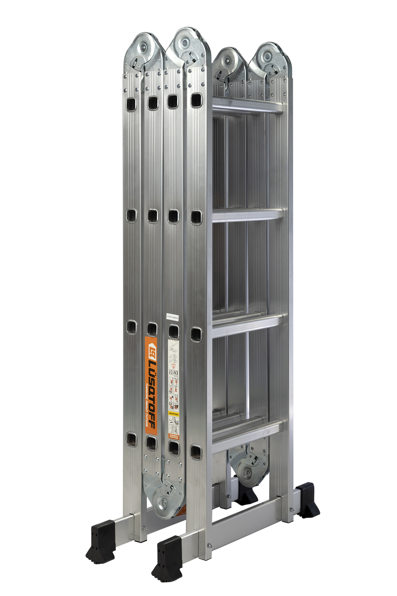 • Material: aluminio
• Cantidad de escalones: 16
• Longitud de extensión (largo total): 4,70 mts
• Altura (desde el piso) del andamio: 1,3 cm
• Altura de escalera plegada: 120 x 37 cm
• Ancho de la base de apoyo: 65 cm
• Altura entre escalones: 27 cm
• Peso máximo: 150 kg
• Peso de la escalera: 12 kg


• Bisagra de bloqueo de seguridad múltiples posiciones.
• Escalones antideslizantes.
• Barras estabilizadoras.
• Pies angulares de goma antideslizantes.
• Bisagra con traba automática.
• 6 posiciones.