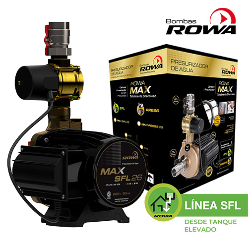 Motor
Totalmente silencioso
Bobinado protegido contra funcionamiento en seco, se apaga automáticamente
Posee protector térmico incorporado

Construcción
Equipos compactos
Partes en contacto con el agua fabricadas con materiales sanitarios
Sistema rotor húmedo

Conexiones
Entrada y salida con rosca de 1”
2 válvulas esféricas con uniones dobles (bronce)
Conexión eléctrica directa a la red

Características
Tensiones disponibles: 220V
Temperatura máxima del agua: 40°C
Temperatura ambiente: 40°C
Presión máxima del sistema: 6Kg/cm²
Tipo de aislación: F
Pérdida de carga máxima en succión: 4 m.c.a.

Sistema SRS
Este producto fue fabricado de acuerdo con el "Sistema de Reparación Simple" por kits de reposición ROWA (SRS).
El sistema SRS permite realizar cualquier reparación en menos de 15 minutos, en el mismo lugar donde se encuentra instalado el equipo.
Los kits de reposición SRS pueden ser adquiridos en los comercios autorizados por ROWA.
Posiciones de instalación
El presurizador deberá ser instalado obligatoriamente de modo que el eje de la electrobomba permanezca en posición horizontal, de acuerdo a las siguientes figuras. El no cumplimiento de esta norma implicará el desgaste irregular del equipo y la consecuente pérdida de la garantía.

Detalles técnicos
Presión Máxima (m. c. a.)	25,5
Caudal Máximo (l/h)	6500
Potencia (HP)	0,75
Tensión V	220
I (A)	5,9
Conexión	1
Peso	14.57kg