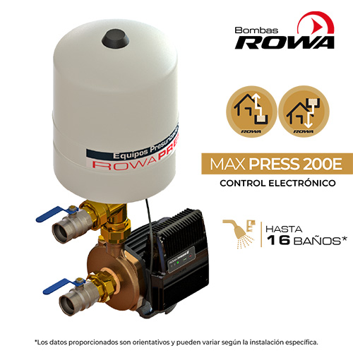 Motor
Totalmente silencioso
Bobinado protegido contra funcionamiento en seco, se apaga automáticamente.
Posee protector térmico incorporado.
Construcción
Equipos compactos.
Partes en contacto con el agua fabricadas con materiales sanitarios.
Sistema rotor húmedo.
Conexiones
Entrada y salida con rosca de 1 1/2 '
2 válvulas esféricas con uniones dobles (bronce)
Conexión eléctrica directa a la red
Características
Tensiones disponibles: 220v
Temperatura máxima del agua: 40ºC
Temperatura ambiente: 40ºC
Presión máxima del sistema: 6Kg/cm²
Tipo de aislación: F
Pérdida de carga máxima en succión: 4 m.c.a.
Posiciones de instalación
El presurizador deberá ser instalado obligatoriamente de modo que el eje de la electrobomba permanezca en posición horizontal, de acuerdo a las siguientes figuras. El no cumplimiento de esta norma implicará el desgaste irregular del equipo y la consecuente pérdida de la garantía.
Detalles técnicos
Presión máxima (mca)	21kg
Caudal máximo (izq./a.)	17000
Potencia (HP)	2
Tensión V	220
I (A)	7,5
Conexion	1 1/2