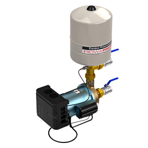 Motor
Totalmente silencioso
Bobinado protegido contra funcionamiento en seco, se apaga automáticamente.
Posee protector térmico incorporado.
Conexiones
Entrada y salida con rosca de 11/2”
2 válvulas esféricas con uniones dobles (bronce)
Conexión eléctrica directa a la red
Sistema de diagnóstico
El sistema de diagnóstico de falla incorporado permite la detección automática de:
Sobrecargas de tensión y/o corriente
Falta de fase
Falta continuidad en bobinado o corto circuito
Marcha en seco
Falta de agua (pulsando el botón de reseteado vuelve a funcionar normalmente)
Sobrecalentamiento del motor
Bloqueo de la bomba
Construcción
Equipos compactos.
Partes en contacto con el agua fabricadas con materiales sanitarios.
Sistema rotor húmedo.
Características
Tensiones disponibles: 380v
Temperatura máxima del agua: 40ºC
Temperatura ambiente: 40ºC
Presión máxima del sistema: 6Kg/cm²
Tipo de aislación: F (150°C)
Pérdida de carga máxima en succión: 4 m.c.a.
Funcionamiento
Cuando se abre uno o varios consumos, el sensor de presión del equipo lo detecta, activando el funcionamiento y la modulación del variador de frecuencia, manteniendo la presión establecida en forma constante. A partir de cierto punto de operación, la presión comienza a decrecer como en un equipo convencional, tal como se observa en la curva de desempeño.
Detalles técnicos
Presión máxima (mca)	35
Caudal máximo (l/h)	20000
Potencia (HP)	4
Tensión V	380 V
I (A)	9,7
Conexion	1 1/2 "
Peso	39/58 Kg