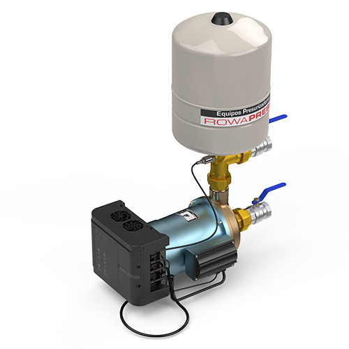 Motor
Totalmente silencioso
Bobinado protegido contra funcionamiento en seco, se apaga automáticamente.
Posee protector térmico incorporado.
Conexiones
Entrada y salida con rosca de 1 1/2”
2 válvulas esféricas con uniones dobles (bronce)
Conexión eléctrica directa a la red
Sistema de diagnóstico
El sistema de diagnóstico de falla incorporado permite la detección automática de:
Sobrecargas de tensión y/o corriente
Falta de fase
Falta continuidad en bobinado o corto circuito
Marcha en seco
Falta de agua (pulsando el botón de reseteado vuelve a funcionar normalmente)
Sobrecalentamiento del motor
Bloqueo de la bomba
Construcción
Equipos compactos.
Partes en contacto con el agua fabricadas con materiales sanitarios.
Sistema rotor húmedo.
Características
Tensiones disponibles: 380v
Temperatura máxima del agua: 40ºC
Temperatura ambiente: 40ºC
Presión máxima del sistema: 6Kg/cm²
Tipo de aislación: F (115°C)
Pérdida de carga máxima en succión: 4 m.c.a.
Funcionamiento
Cuando se abre uno o varios consumos, el sensor de presión del equipo lo detecta, activando el funcionamiento y la modulación del variador de frecuencia, manteniendo la presión establecida en forma constante. A partir de cierto punto de operación, la presión comienza a decrecer como en un equipo convencional, tal como se observa en la curva de desempeño.
Detalles técnicos
Presión máxima (mca)	45
Caudal máximo (izq./a.)	23500
Potencia (HP)	4,2
Tensión V	3x380
I (A)	9,3
Conexion	1 1/2 "
Peso	44,5kg
Tanque	24 Litros