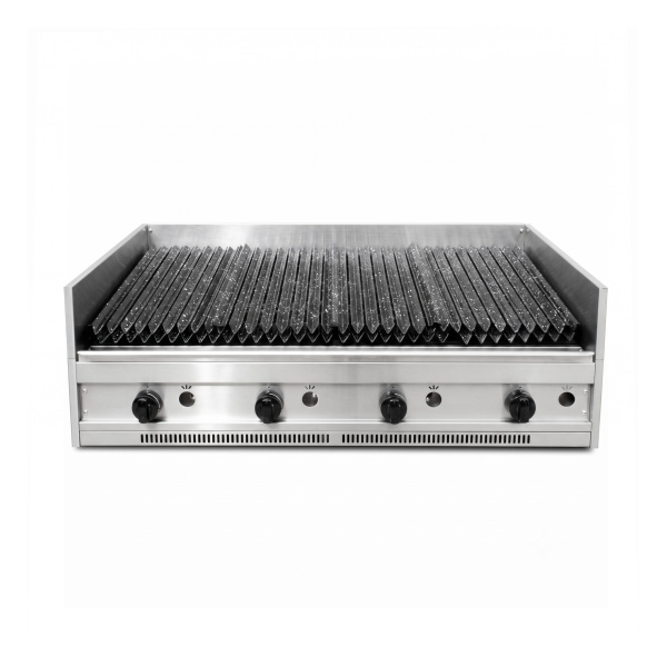 Gabinete exterior de acero inoxidable.
Placas difusoras de hierro fundido.
Grasero de acero inoxidable.
Quemadores de acero tubulares independientes.
Doble enrejado enlozada.
